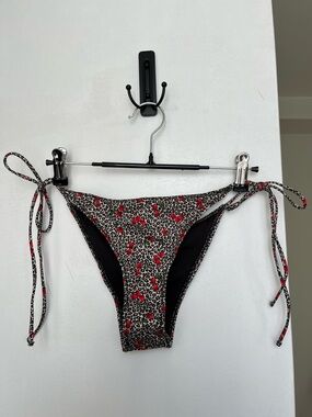 Zara NWT Cherry Leopard Bikini Bottom Red Black Strappy Tie size Small